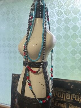 Southwestern  Beaded 3 Piece Women's Necklace in Turquoise Color and Red